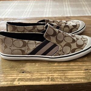 Coach Tan Patterned Slip-On Shoes. NWT